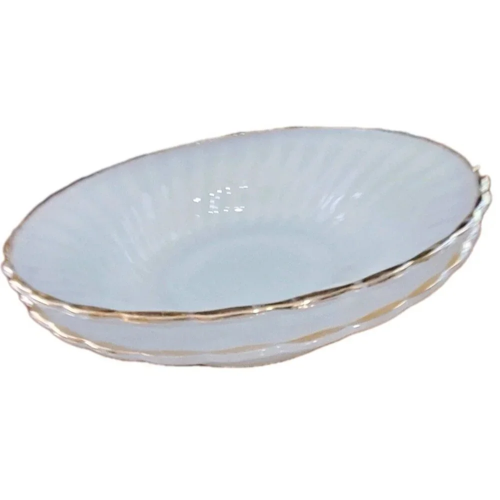 Anchor Hocking Fire King 2 White Shelll Swirl Gold Trim Bowls Vintage MCM
